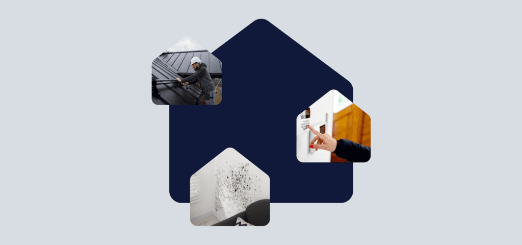 Three scenes show what a landlord is responsible for in rental maintenance: a person works on a roof, another person adjusts a security system, and a wall has mold on it.