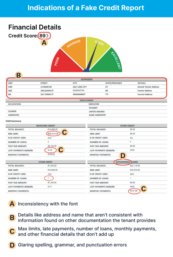 A fake credit report withc circles and letters to show how this is part of a fake rental application.
