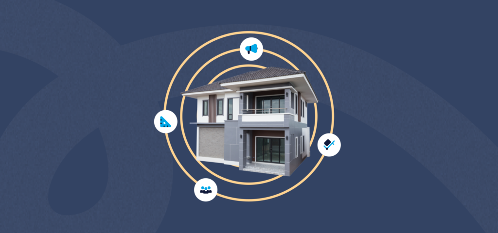 A two-story home surrounded by icons of a megaphone, a trolley with a box, a group of people, and a triangular protractor.