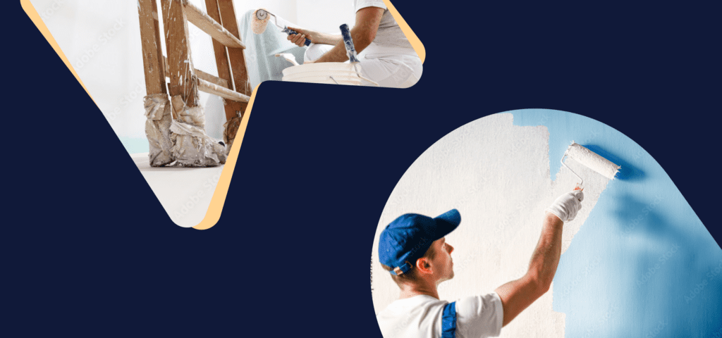 A painter applies white paint to a blue wall in one scene. There is a close-up of the bottom of a ladder and a person painting a wall in another scene.