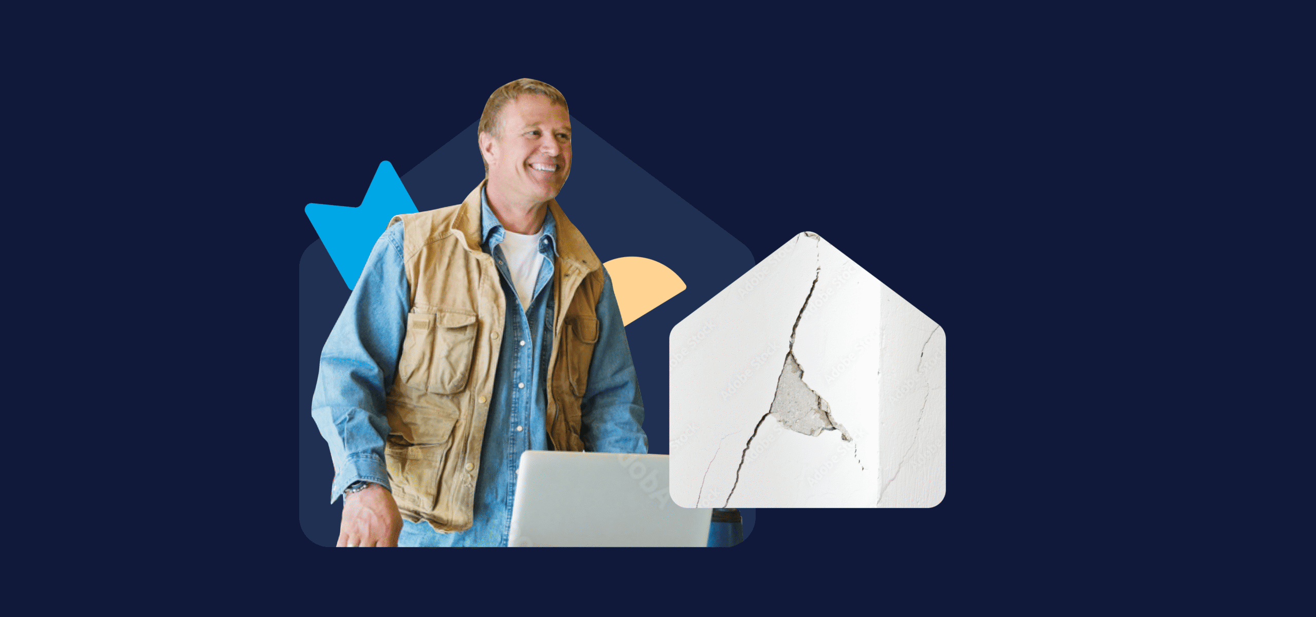 A person wearing a utility vest smiles next to a detailed shot of concrete with a crack in it.