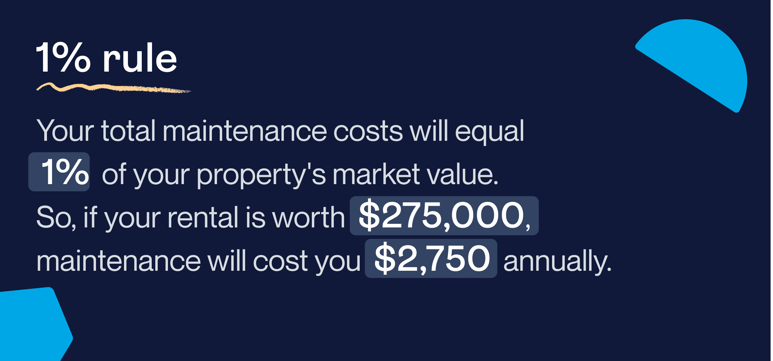 1% rule: Your total maintenance costs will equal 1% of your property's market value. So, if your rental is worth $275,000, maintenance will cost you $2,750 annually.