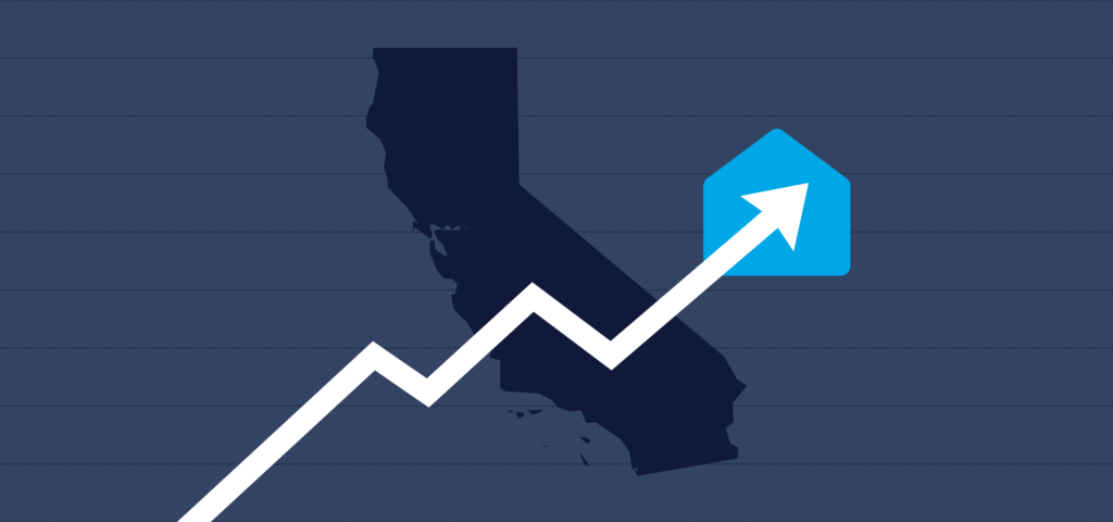 An arrow trending up against the background of an outline of the state of California