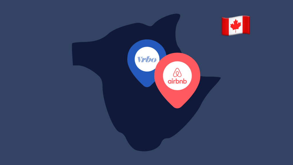 An outline of the province of New Brunswick with VRBO and Airbnb location pins on it to show short-term rentals in the state.
