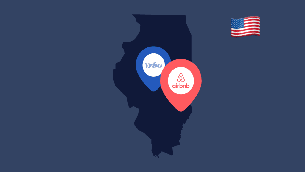 An outline of the state of Illinois with VRBO and Airbnb location pins on it to show short-term rentals in the state.