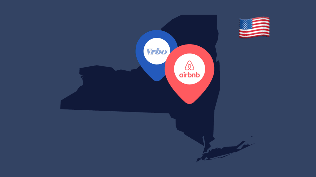 An outline of the state of New York with VRBO and Airbnb location pins on it to show short-term rentals in the state.