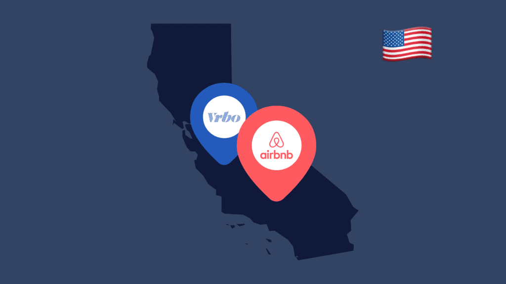 An outline of the state of California with VRBO and Airbnb location pins on it to show short-term rentals in the state.