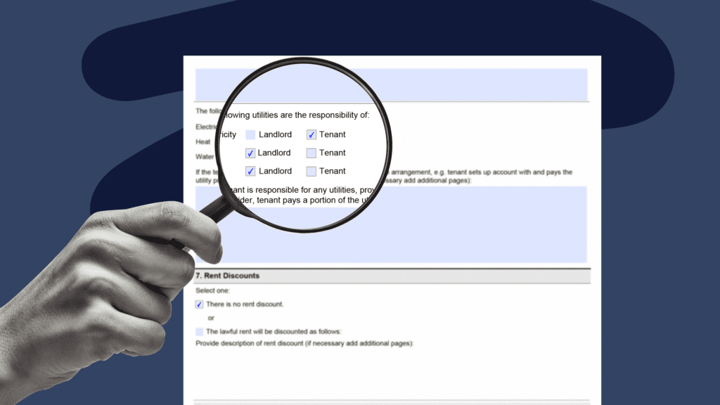 A hand holding a magnifying glass over a lease agreement