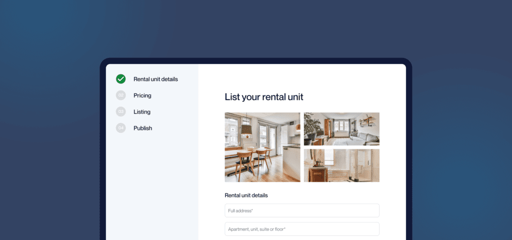 A screenshot of the first step in creating an online rental listing. There are photos of an apartment's kitchen, bedroom, and bathroom, empty fields to fill in rental unit details underneath, and an online navigation of menu items to one side, with "Rental unit details" checked off.
