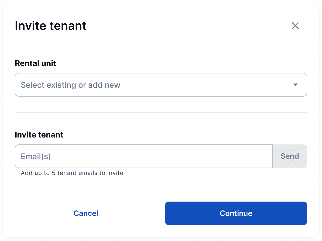 There is the "Invite tenant" pop-up box on the SingleKey pre-screening dashboard. There are fields to select a rental unit and to invite a tenant by email.