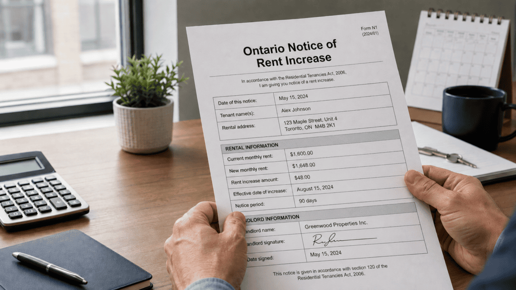 Ontario Notice of Rent Increase form (N1) displayed on a desk in a landlord office setting