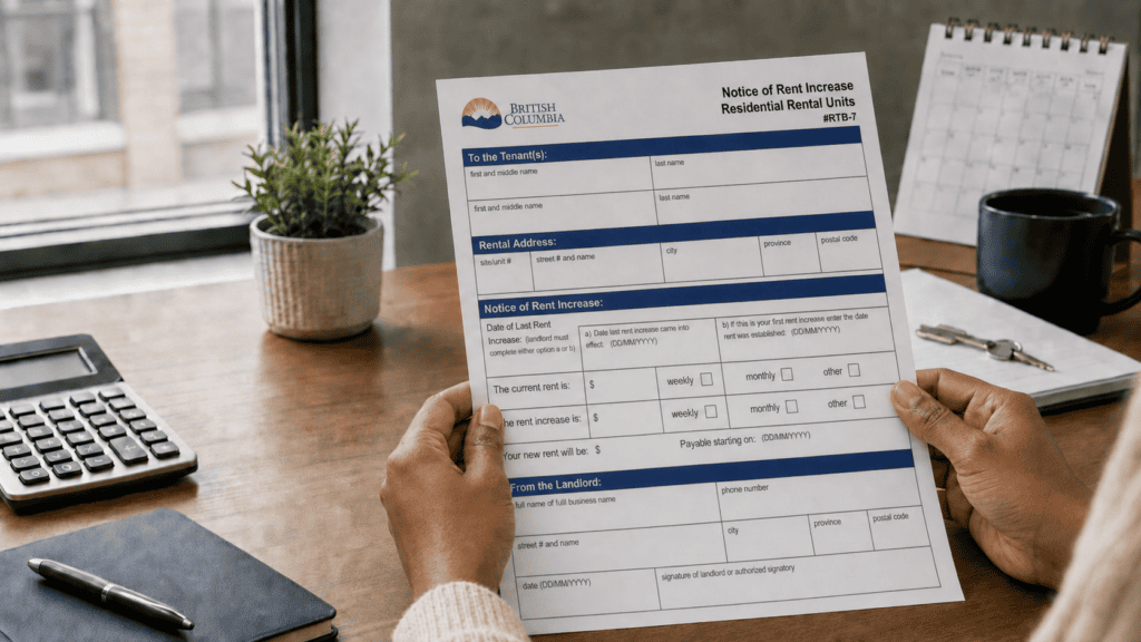 Landlord holding the BC RTB-7 Notice of Rent Increase form for 2026.