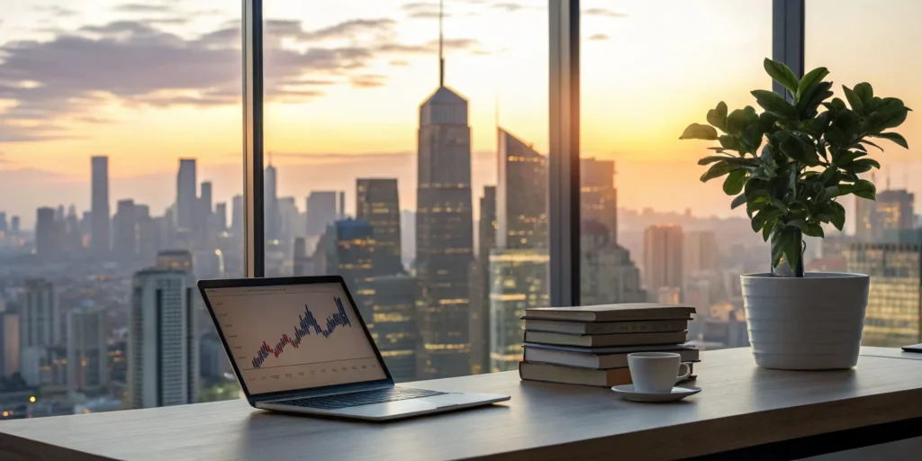 Rental market analysis on laptop with city view.