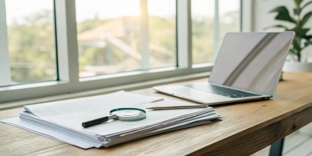 Tenant credit and background check report with magnifying glass.