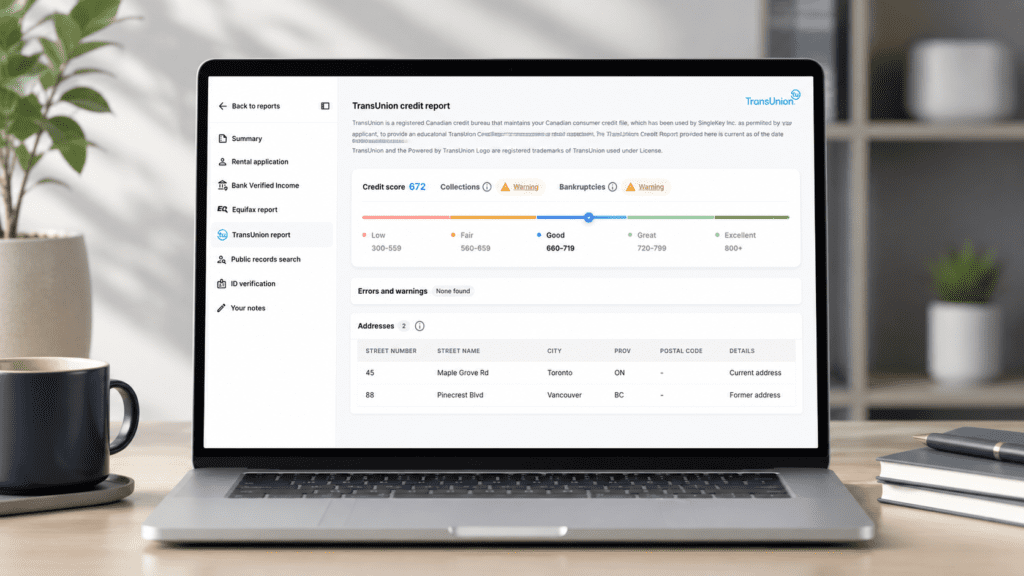 Laptop showing a tenant credit check report for landlord screening