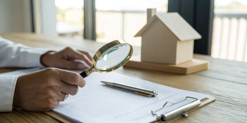 Magnifying glass over rental application. Fraud detection.