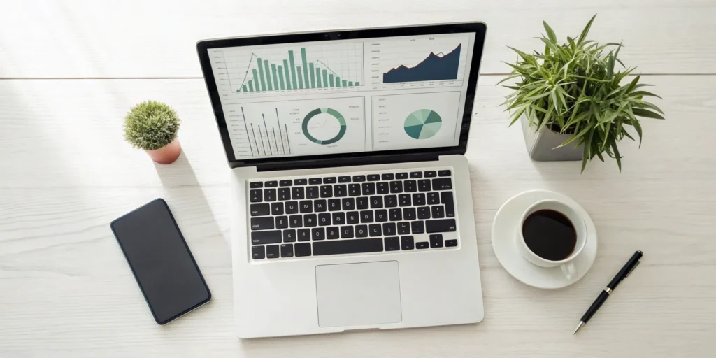 Property management app dashboard on a laptop.