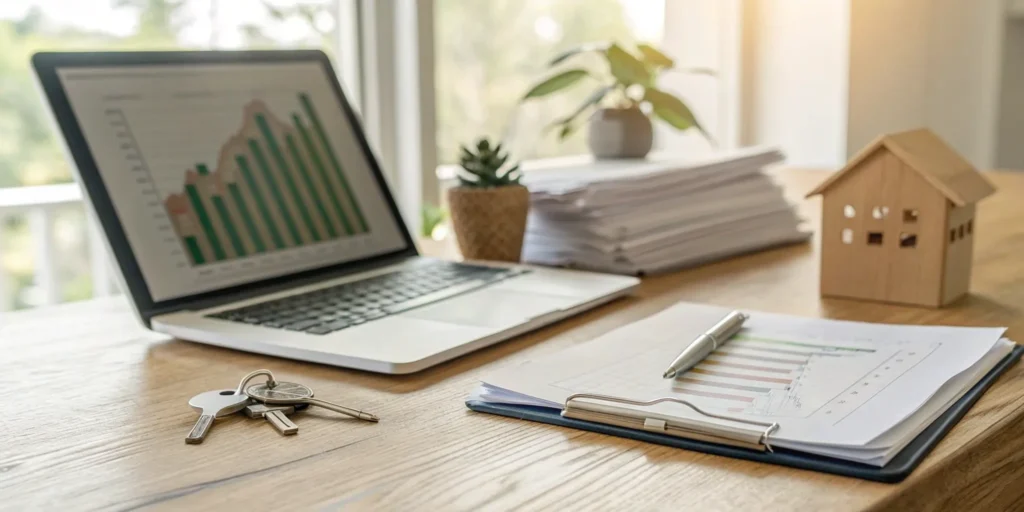Tenant credit check report with house keys, documents, and model house.