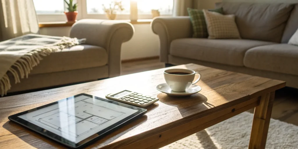 Calculating rent with tablet, floor plan, and calculator.