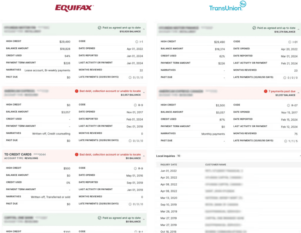 Side-by-side Equifax and TransUnion credit reports showing different tradelines for the same rental applicant