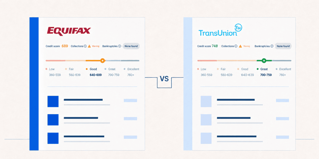 Equifax vs TransUnion credit reports showing scores of 689 and 748 for the same rental applicant
